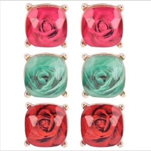 3 PAIR ASSORTED ROSE PETAL GLASS 3 DIMENSIONAL EARNINGS IN RED GREEN AND PINK 1”